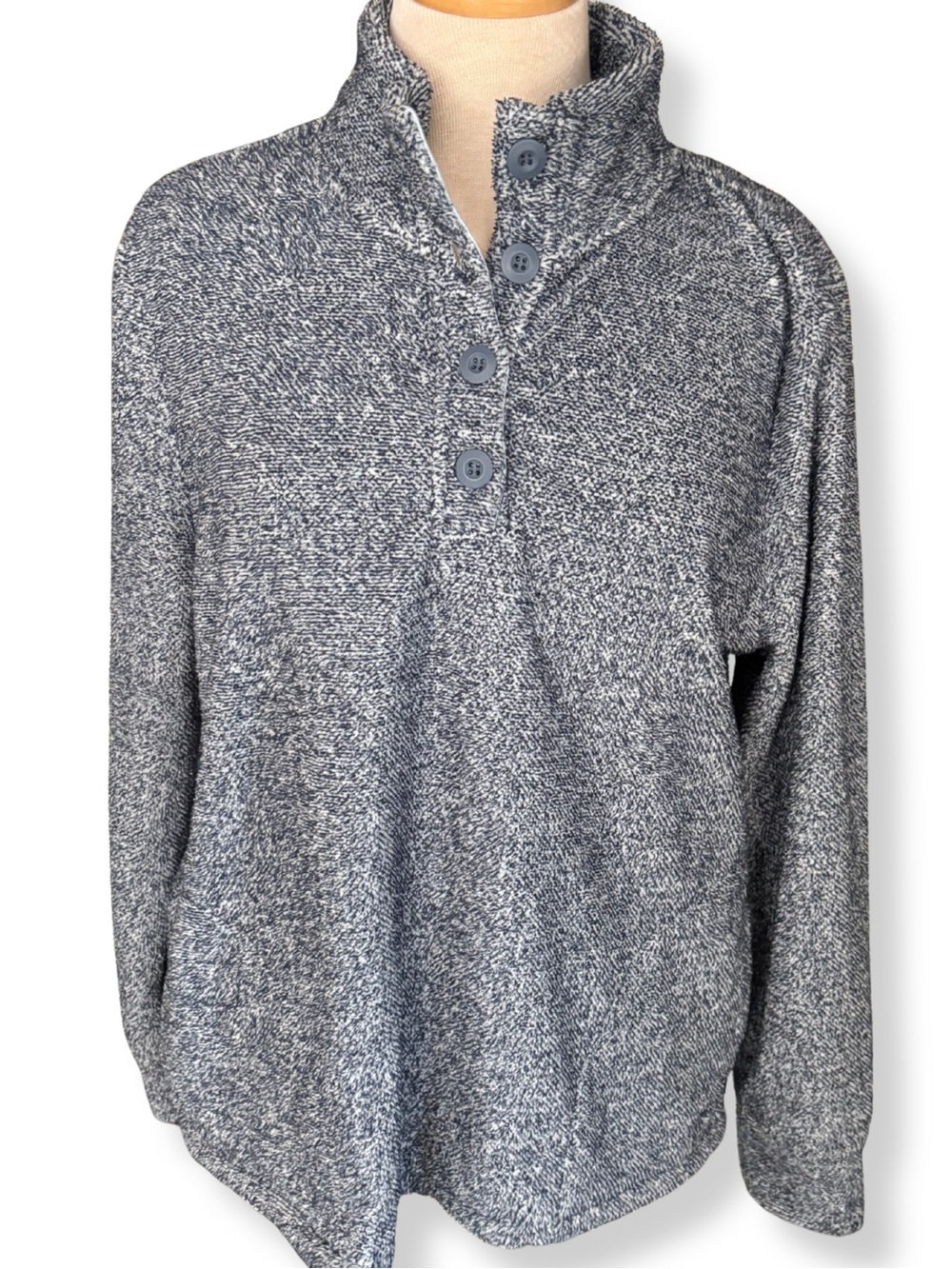 NWT Eddie Bauer Women’s Large Marled Fleece Pullover Snap Mock Neck Blue Gray